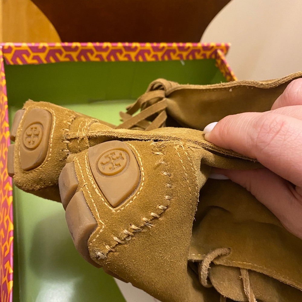 Tory Burch Suede Camel Moccasin Lace up Boots - Picture 13 of 16